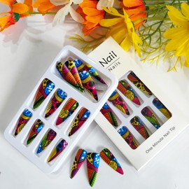 GCSQW Stiletto Press on Nails Long Almond Fake Nails Colorful False Nails with Rhinestones Design Rainbow Nails Matte Glue on Nails Full Cover Stick on Nails for Coquette Women Girls