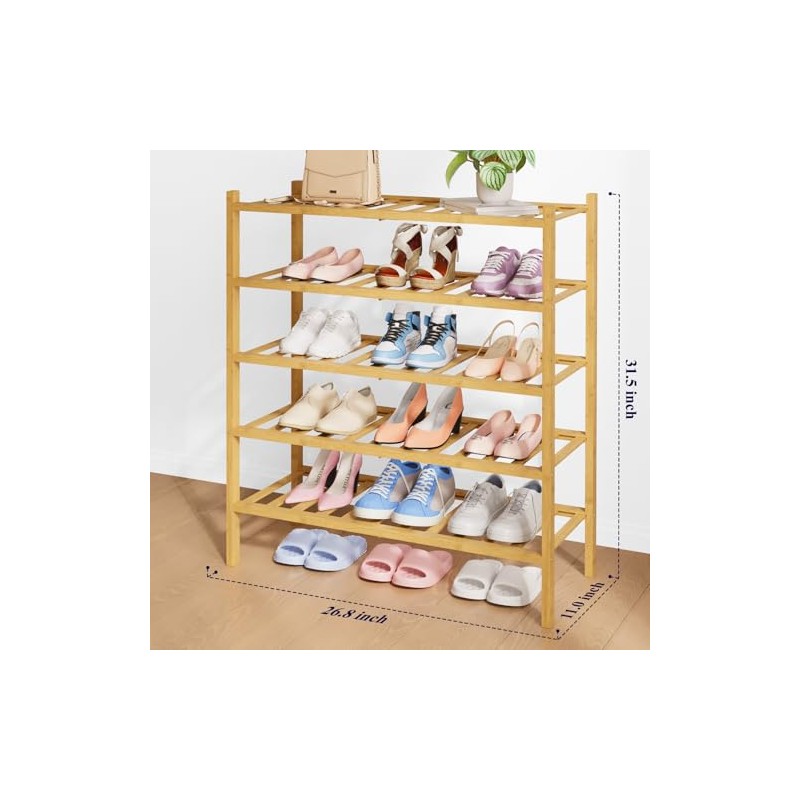 Kitsure Bamboo Wooden Shoe Rack for Closet - Stackable Shoe