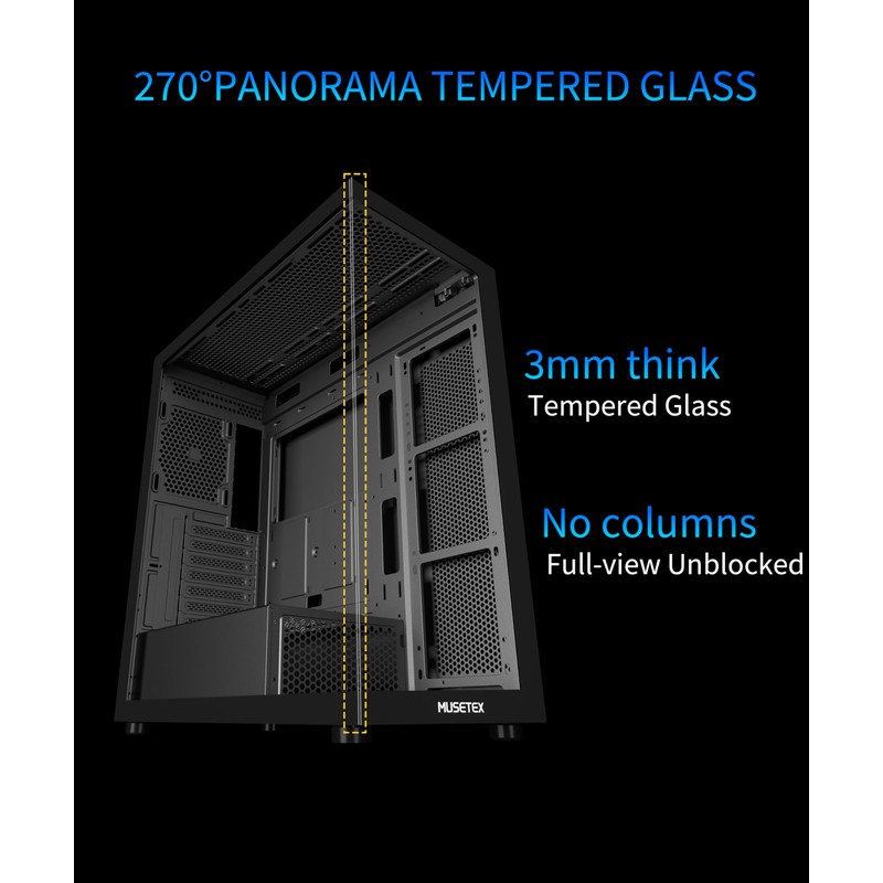 MUSETEX ATX PC Case 7 PWM ARGB Fans Pre-Installed, Type-C