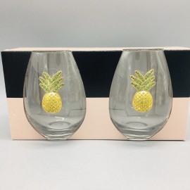 Rachel Zoe x2 Rachel Zoe Rhinestone Pineapple Stemless Wine Glass Set Bling Tropical 19oz