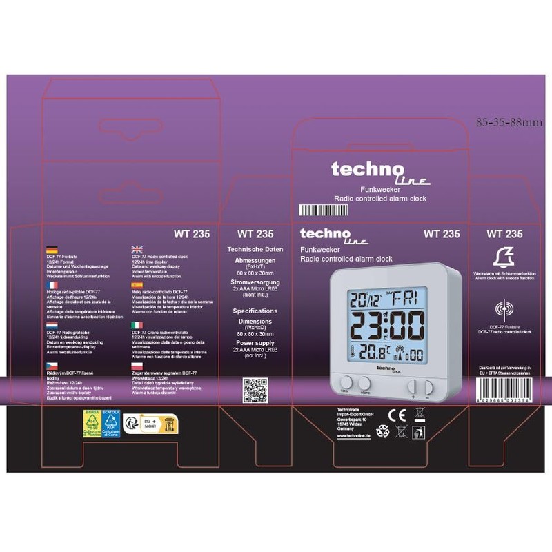 Technoline WT 235 Radio-Controlled Alarm Clock Silver with Touch Sensor,