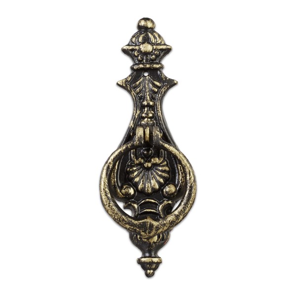 Relaxdays Antique Knocker, Cast Iron, Embellished Knocking Ring, For Front Door, HxWxD: 24 x 8.5 x 3 cm, Bronze/Black, Pack of 1,10029006