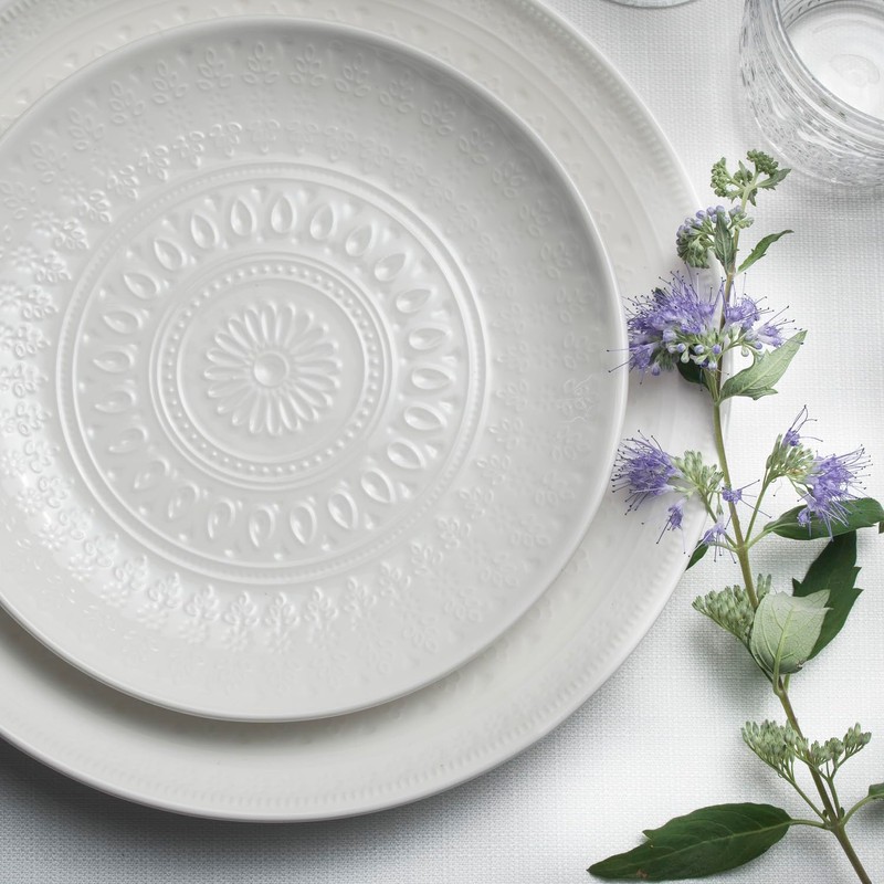 Euro Ceramica Fez Collection Stoneware Durable White 16-Piece Double Bowl