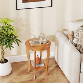 Giantex Round End Table, Retro Nightstand with Storage Shelf & Solid Wood Legs, 24.5" Accent Side Table for Small Spaces, Wood Bedside Night Stand for Living Room Bedroom, Walnut