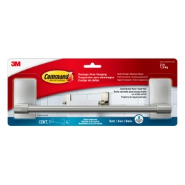 Command Hand Towel Bar Satin Nickel with 4 Water Resistant Command Strips, 9" Hand Towel Holder, Holds up to 3 lb, Great for Bathroom Décor on the Wall, Inside the Cabinet, or in the Shower