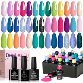 Beetles Kit Esmalte en Gel 20 Piezas Fantasyland  Tonos Pastel, Rosa, Morado, Azul, Verde y Brillo con Base y Capa Superior UV LED                    
