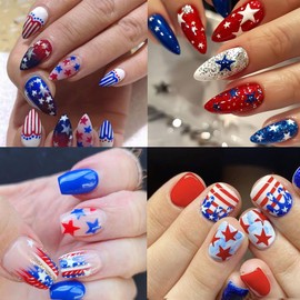 Star Nail Stickers for Nails Art Five-Pointed Star Nail Art Decals Red and Blue Patriotic Stars Pattern 3D Self-Adhesive Design DIY Women's Nail Art Decoration Supplies 6 Sheets