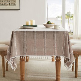 ZeeMart Hemstitched Embroidery Striped Boho Tablecloth 54x54 Inch Taupe, Heavy Weight Farmhouse Burlap Linen Light Brown Tablecloth, Wrinkle Resistant Washable Table Cloth for Square Table