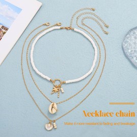 Ushiny Boho Necklace with Multilayer Chain Gold Pendant Necklace 3 Pieces Shell Necklace for Women and Girls, Plastic