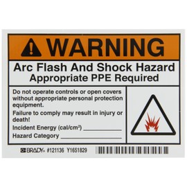 Brady 121136 Vinyl Film 3.5" x 5" Arc Flash & Shock Labels (Warning, Pictogram) , Black/Orange On White, 3.5" Height x 5", Legend "Warning Arc Flash And Shock Hazard Appropriate Ppe Required Do Not OLabels perate Controls Or Open Covers Without Appropria