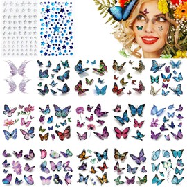 17 Sheets Glitter Butterfly Temporary Tattoos with Star Face Gems Butterfly Temporary Tattoo Sticker Blue White Rhinestone Face Gem for Women Girls Make Up Decoration