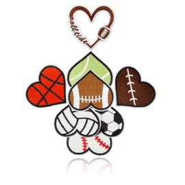 HEYTRCO 8PCS Heart Ball Iron on Patches, Tennis Basketball Baseball Towel Embroidered Iron on Patches for Clothes, Custom Golf Football Rugby Applique for Hats, Jeans, Jackets, Bags, Backpacks, Dress
