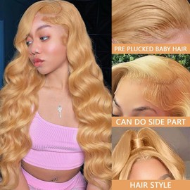 Zamsta 34 Inch Honey Blonde Wig - Pre Plucked 13x6 Body Wave Lace Front Human Hair Wig, 180% Density, 27# Colored With Baby Hair for Women