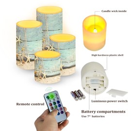 NETILGEN Flameless Candles 4 Pcs, Battery Powered with Timer Remote Control Color Changing Everlasting Pillar Candle Set Indoor Outdoor Coastal Decor, Beach Starfish with Blue Wood Grain