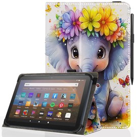Pudiceva Universal 10 10.1 Inch Android Tablet Case,Slim Folding Stand Cover for All 9"-10.5" Touchscreen Tablet Case with Stylus Pen Holder,Little Elephant