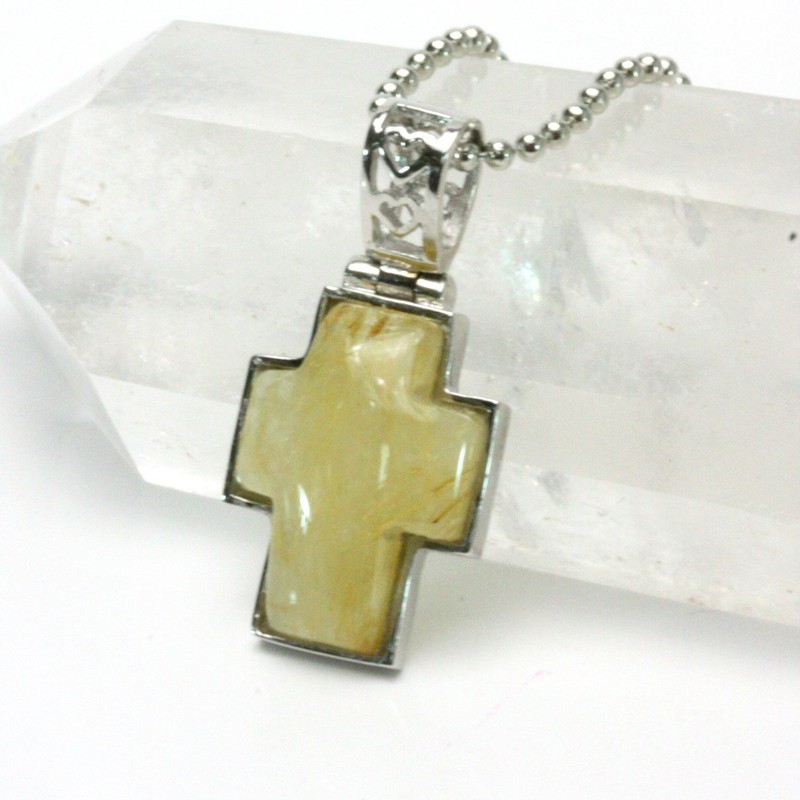 ［ ハッピーボム ］ ルチルクオーツ ふっくらクロス 天然石 パワーストーン ペンダント ネックレス チェーン40cm