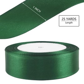 25 Yard Dark Green Wired Satin Ribbon Roll, 1 Inch Fabric Ribbon for Craft Bows Rose Bouquet, Holiday Gift Wrapping, Party Decoration