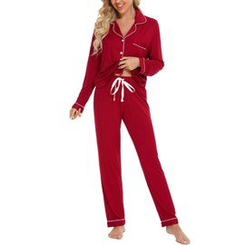 Anjue Womens Christmas Pajamas Comfy Soft Cotton Sleepwear Womens Pjs Sets Long Sleeves Pajama Cute Pj Sets(Wine Red,XXL)