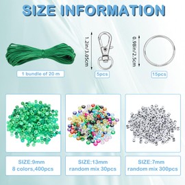 BEEFLYING 750 Pcs DIY Bead Keychain Kit Key Chain Making Crafts Letter Beads Strings Adjustable Alphabet Key Ring Jewelry Backpack Accessories Holiday Party Festival Favor Gift (Green)