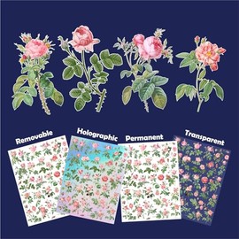 Stickers Pack (Over 150 Stickers) Enchanted Rose Garden: Collection of Classic and Wild Roses in Bloom - Botanical Sticker Set ~ Removable White Vinyl Hologram Transparent