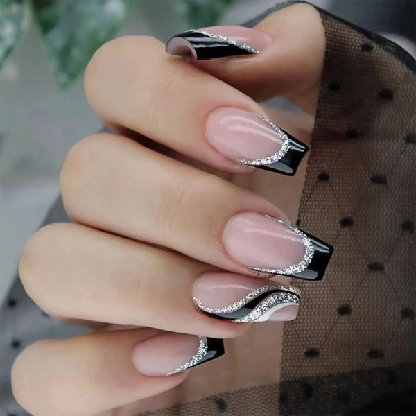 False Nails Short Coffin Tip French Black Lace Stick On Silver Glitter Edge Press On Removable Nails for Women and Girls