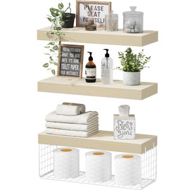QEEIG Bathroom Shelves Over Toilet - Wall Mounted Floating Shelves Farmhouse Shelf Toilet Paper Storage Small 16 inch Set of 3, Natural (019-BNW3)