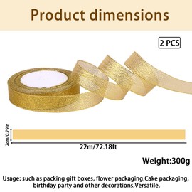 AWAVM 2 Pack Gold Organza Christmas Ribbon,25 Yards 20mm Wide Glitter Trimmings Decorative Wrapping Ribbons for Christmas Thanksgiving Gift,Crafts