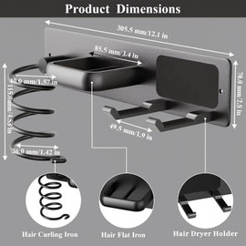 Hair Dryer Holder, 3 in 1 Curling Iron Holder & Flat Iron Holder for Bathroom Wall Mounted, Hair Tool Organizer for Blow Dryer and Styling Tools, Aluminum Alloy, Matte Black