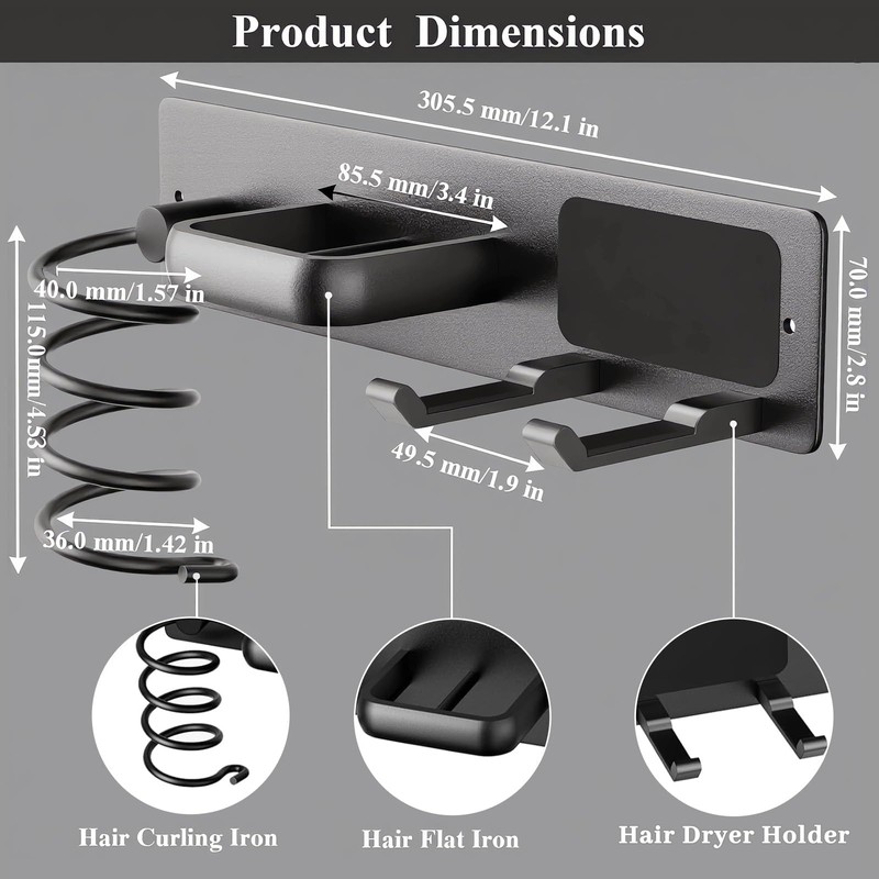 Hair Dryer Holder, 3 in 1 Curling Iron Holder &