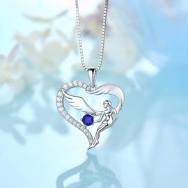 FJ Heart Guardian Angel Necklace 925 Sterling Silver Angel Wings Chain Pendant Birthstone Cubic Zirconia Necklace Jewellery Gifts for Women Girls
