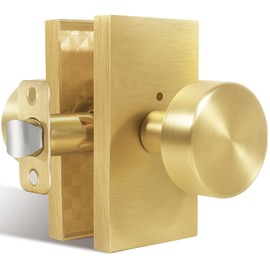 HIEMEY Privacy Gold Door Knob Interior, Satin Brass Door Knobs with Lock, Modern Round Door Handles for Bedroom Bathroom,Rectangle Rosette