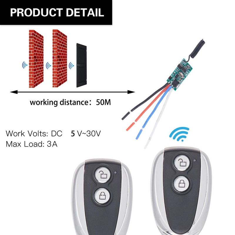 ZHOFONET Remote Control Switch DC 5V/12V/24V/30V 3A Mini Wireless Relay