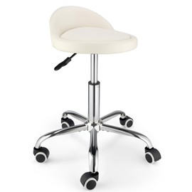 FNZIR Swivel Rolling Stool with Wheels Height Adjustable Stool Chair Drafting Chair with Backrest Stable Base Foot White