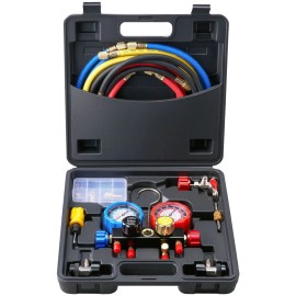 4-Way AC Manifold Gauge Set with 5ft Hoses Couplers R134A R22 R12 R410A Refrigerant Freon for Can Tap Work Model D0100HPU3ZVDefault: Default