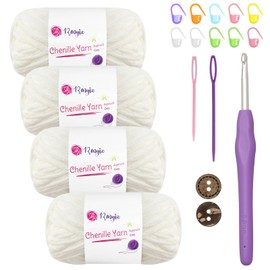Chenille Wool for Crocheting, 4 x 50 g (60 m Roll), Fluffy Chenille Yarn Set with 5 mm Crochet Hook & Accessories, Soft Baby Wool for Crochet & Knitting, Chunky, Cuddly Wool for DIY Projects
