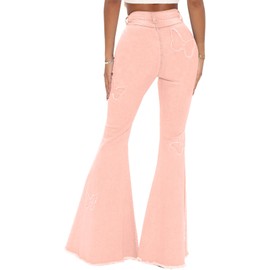Bell Bottom Jeans for Women High Waist Butterfly Embroidered Flare Jeans Classic Stretch Wide Leg Denim Pants(76Pink,Large)