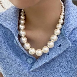 Jumwrit Boho Layered Pearl Choker Necklace Gold Chunky Cuban Link Chain Necklace Statement Big Pearl Necklace Punk Thick Necklace Adjustable Beaded Necklace for Women Girls(Style 2)