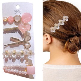 HAPVITAL Bangs Card Hair Clip, Party Punch, Hair Accessory, Shopping Hair Accessory Set, Hairpins, Pearl, Hair Clips, Hair Accessories, Wedding (Pink 5 Pieces)