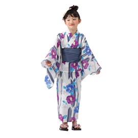 Children's Yukata, Separate Girls, Sash, 2-Piece Set, Easy 2-Way Cami Dress, Separate Yukata, 100% Cotton, Waist Belt, Vertical striped purple camellia