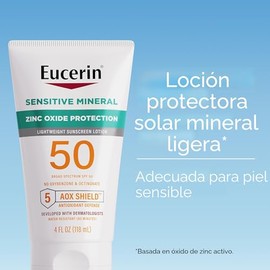 Eucerin Sun Sensitive Loción de protección solar mineral para cara, cuerpo, SPF 50, 4 onzas líquidas | Hypoallergenic Sunscreen for Sensitive Skin, Br
