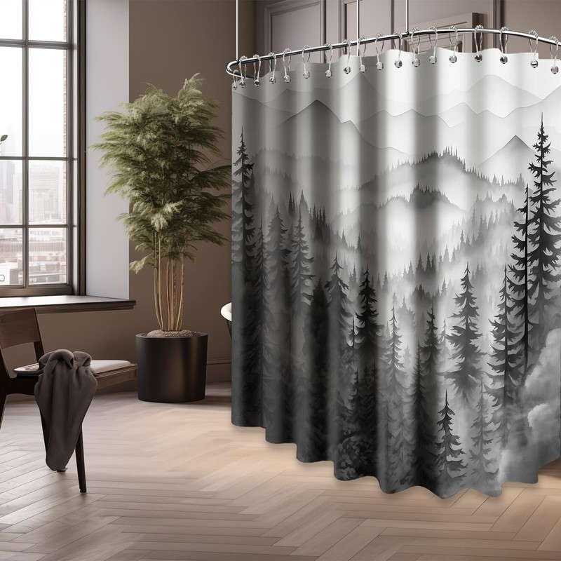 QGHOT Mountain Shower Curtain Black and White Forest Nature Shower