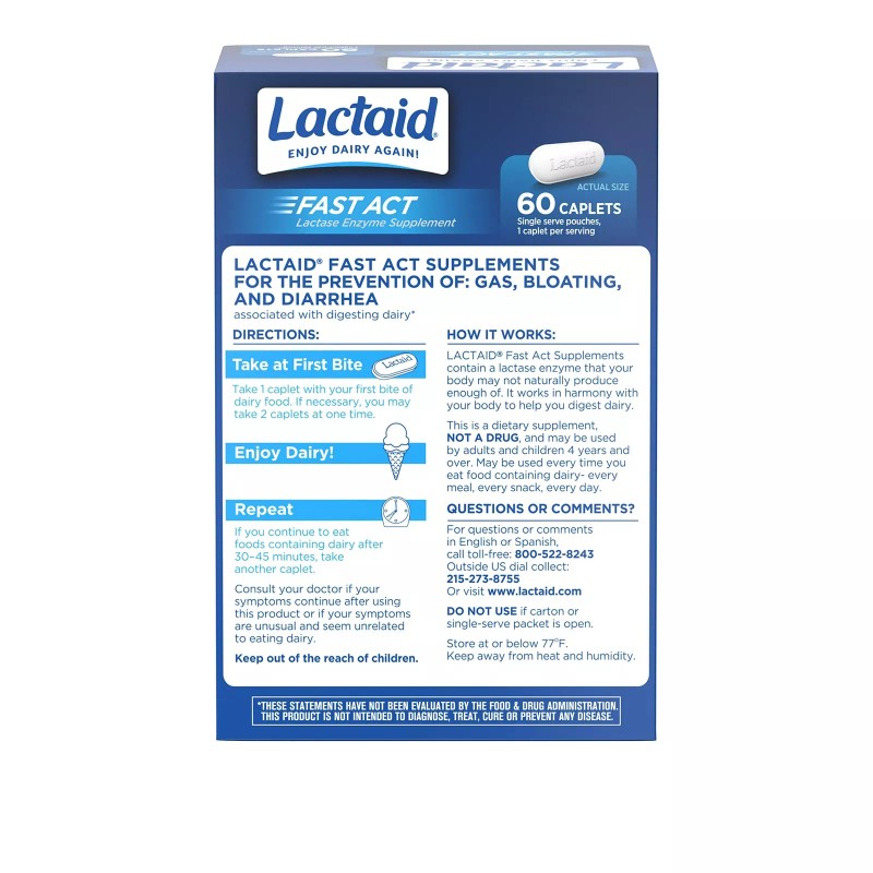 Lactaid Fast Act Lactose Intolerance Caplets 60 Count Travel Packs