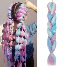 Benehair 24 Inches Braiding Hair Sparkly Braids Extensions Hair with Tinsel Mashup Colorful Synthetic Hair for Braid Hair Extensions for Women(Pink mix Sky Blue, 105g)