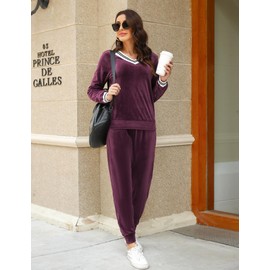 Irevial Track Suits for Women Set, Ladies Striped V Neck Long Sleeve Sweatsuit Sets 2 Piece Pajamas Jogger Pants with Pocket Solid Velvet Loungewear Wine Red L