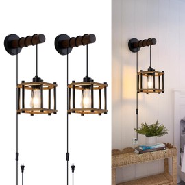 Dijiahua Plug in Wood Wall Sconces Set of 2,Rustic Farmhouse Wall Lamp with 9.19FT On/Off Switch Cord, Adjustable Hanging Wall Mount Lighting with Oak Wooden and Hexagonal Cage for Bedroom Living Room