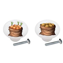 SET OF 2 KNOBS - Potatoes Onions Sack Bag - DECORATIVE Glossy CERAMIC Cupboard Cabinet PULLS Dresser Drawer KNOBS