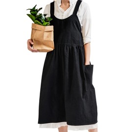 SALUDABLE Nordic Style Apron, Stylish and Cute Dress, H-Shaped, Simple, Nursery Dress, Cotton, Natural, Long Length, With Pockets (Black)