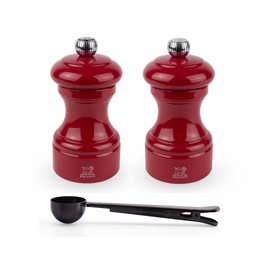 Peugeot Bistro Manual Salt & Pepper Mill Gift Set, Gloss Painted Wood, 10 cm - 4″- With Stainless Steel Spice Scoop/Bag Clip (Passion Red Gloss)