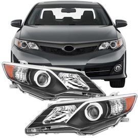 Akso Headlights Assembly For 2012 2013 2014 Toyota Camry L LE XLE SE Hybrid Sedan Replacement Halogen Headlamps Driver and Passenger Side Black Housing Amber Reflector