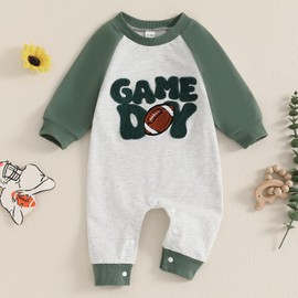 Baby Boy Football Outfit One Piece Football Game Day Ribbed Romper Jumpsuit Fall Newborn Coming Home Clothes (Game Day Green,0-3 Months)